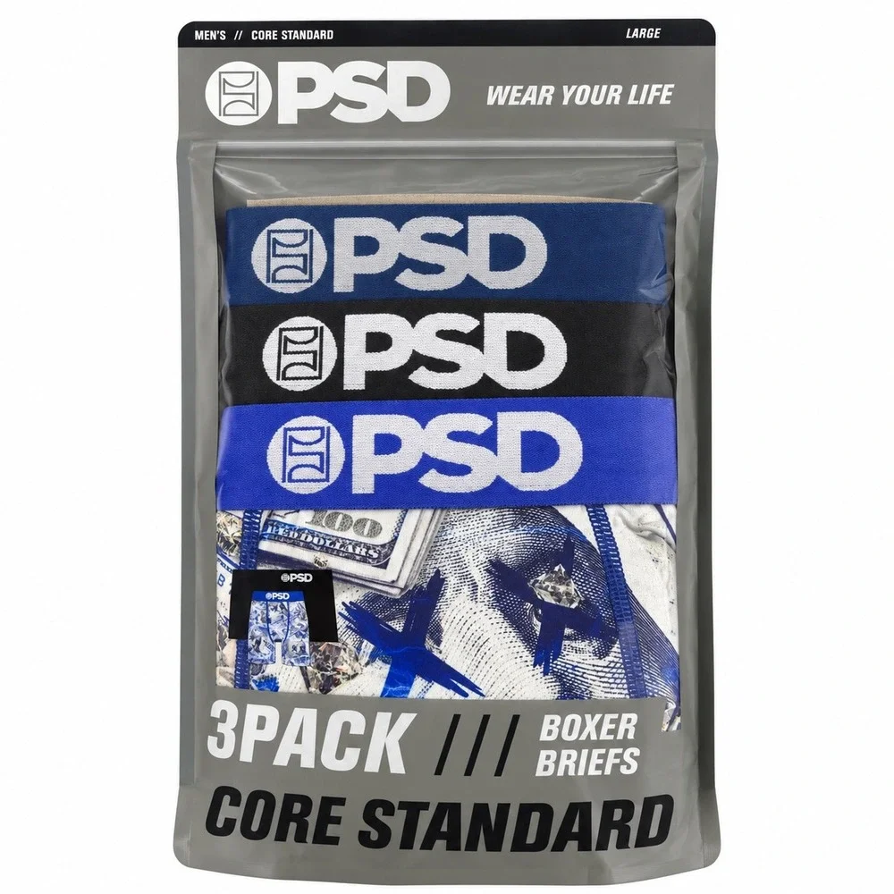 PSD Men Core Standard Boxer Briefs 3-Pack Money Diamond Blue Black Large
